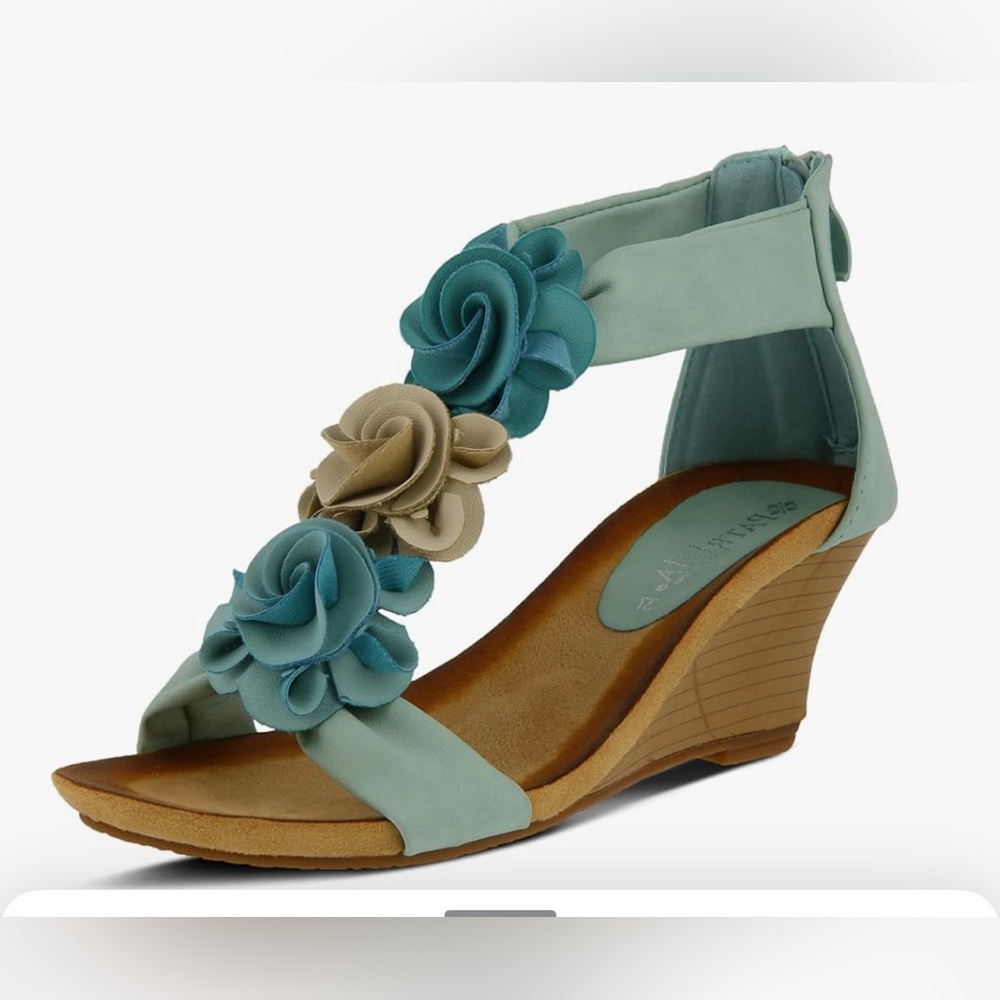 New PATRIZIA Women's HARLEQUIN Ankle Strap T-Strap Wedge Sandals Sz 39 EU 8.5 US